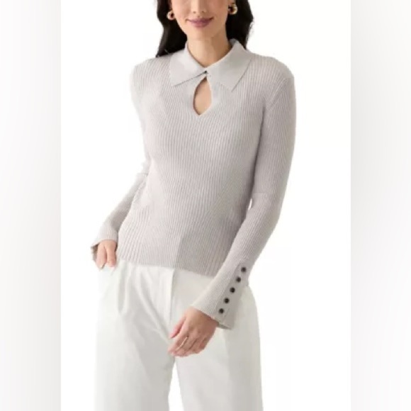 Jason Wu Sweaters - JASON WU | Women's Long Sleeve Collared Keyhole Ribbed Top